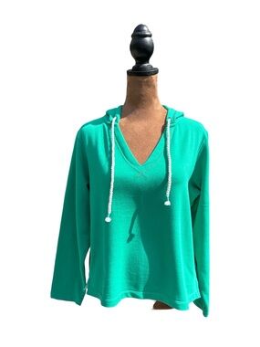 J.CREW Green V-Neck French Terry Cropped Hoodie with White Drawcords Size Medium